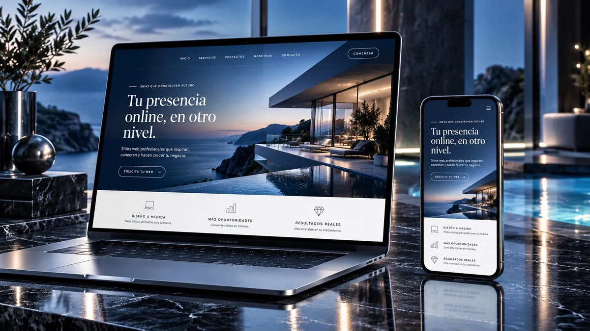 Diseño web ilustrativo en un portátil y un móvil junto a una piscina al atardecer